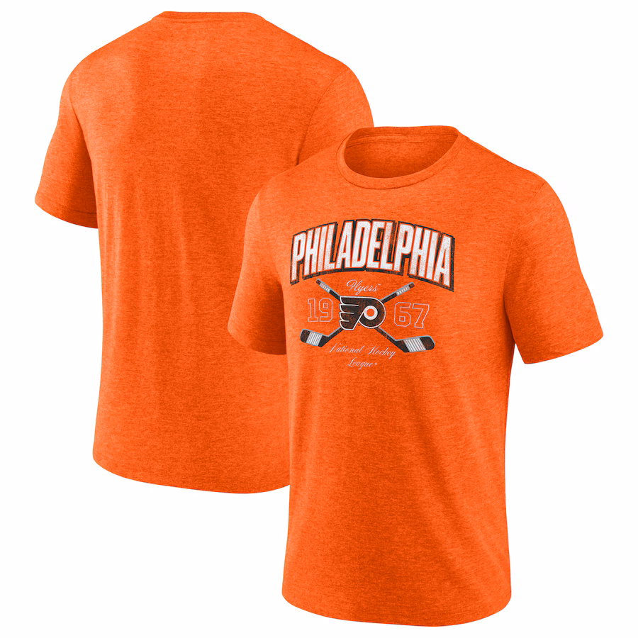 Men's Philadelphia Flyers Fanatics Heather Orange Vintage Cross Sticks Distressed Tri-Blend T-Shirt