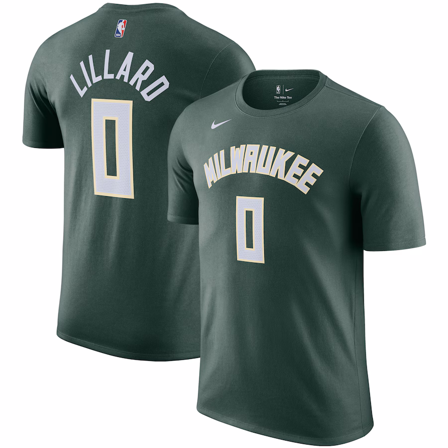 Men's Milwaukee Bucks Damian Lillard Nike Hunter Green Name & Number T-Shirt