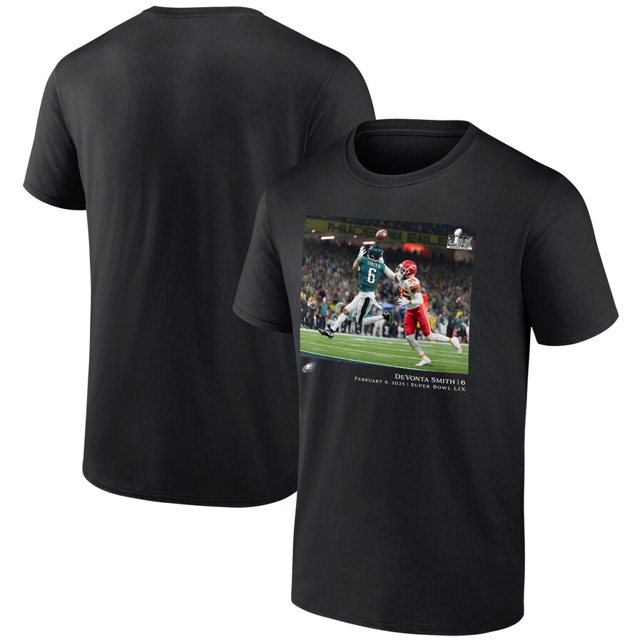 Men's Philadelphia Eagles DeVonta Smith Black NFL Flash Features Super Bowl LIX Champions T-Shirt