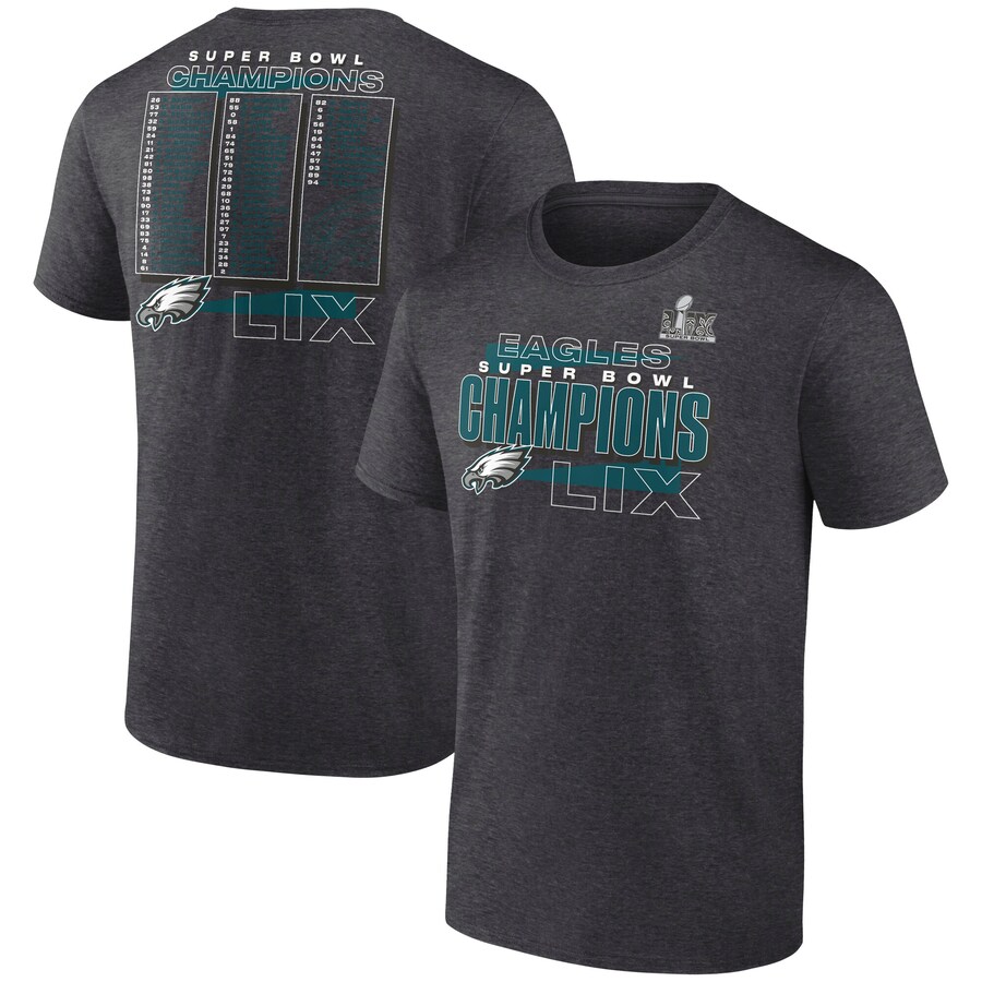 Men's Philadelphia Eagles Fanatics Heather Charcoal Super Bowl LIX Champions Roster T-Shirt