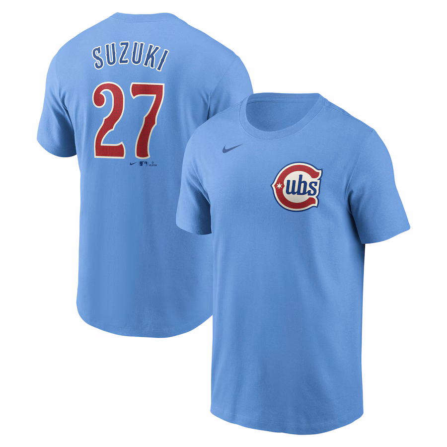 Men's Chicago Cubs Seiya Suzuki Nike Baby Blue Fuse Name & Number T-Shirt