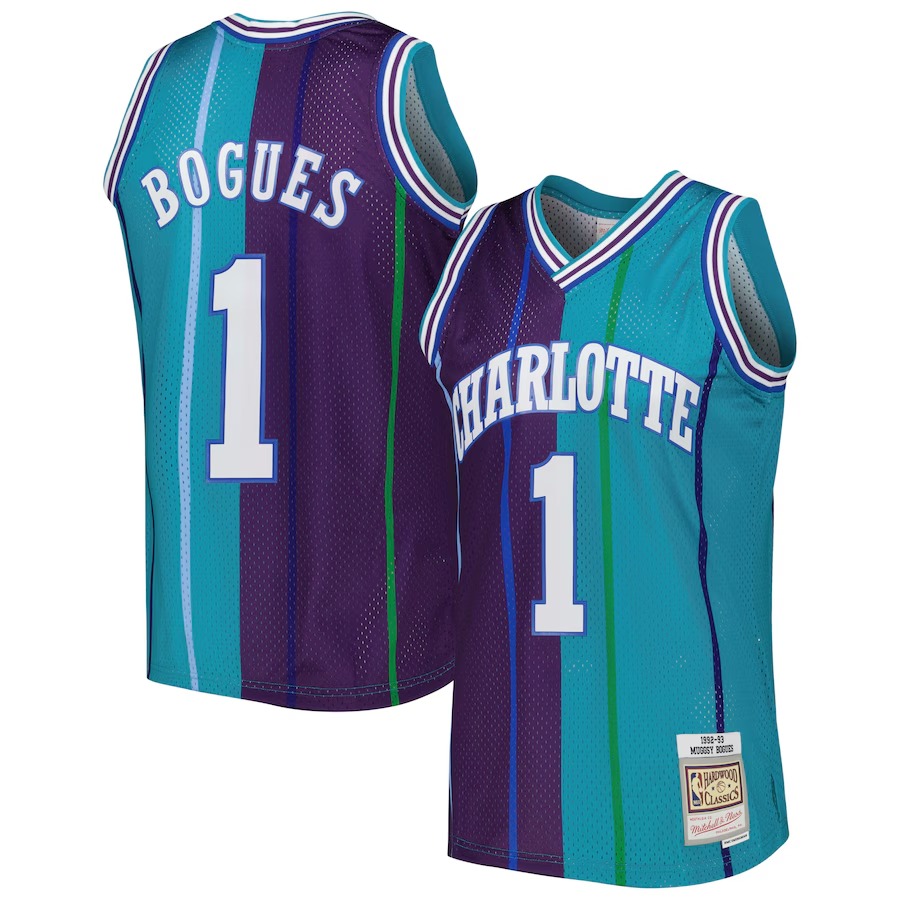 Men's Charlotte Hornets Muggsy Bogues Mitchell & Ness Teal/Purple Hardwood Classics 1992/93 Split Swingman Jersey