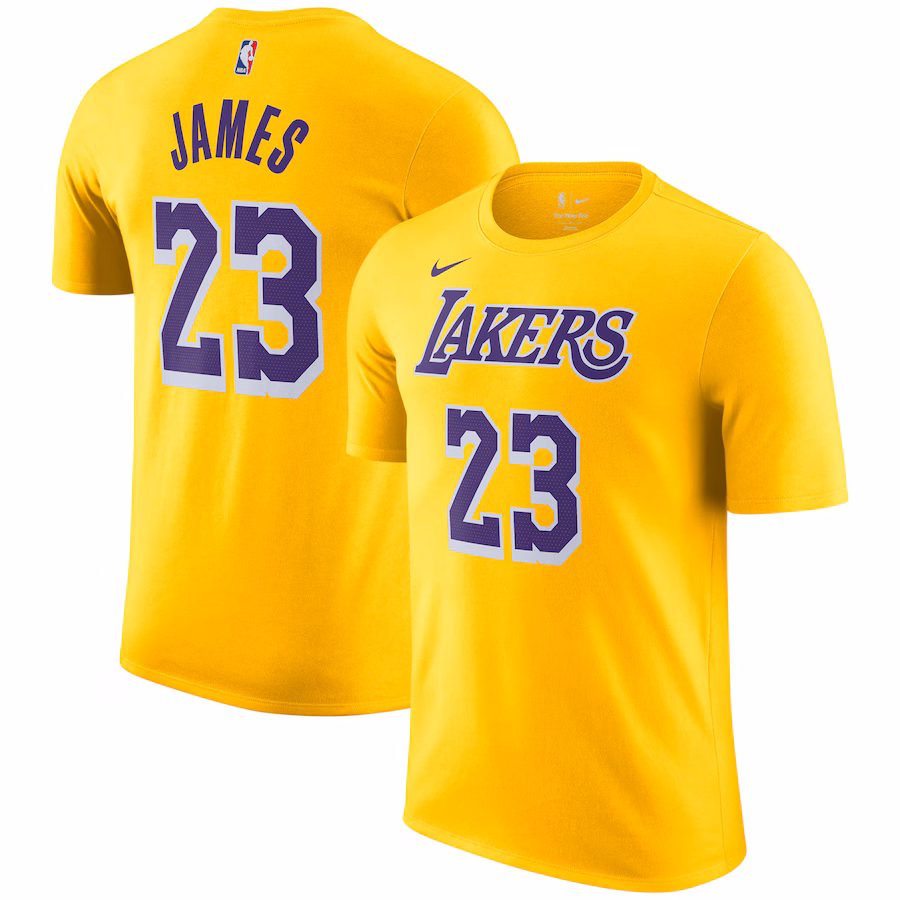 Men's Los Angeles Lakers LeBron James Nike Gold Icon 2022/23 Name & Number T-Shirt