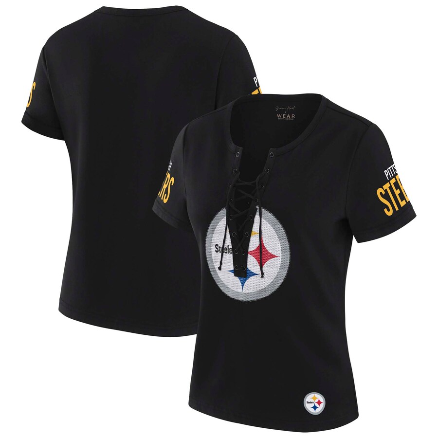 Women's Pittsburgh Steelers WEAR by Erin Andrews x Gracie Hunt Black Draft Me Lace-Up T-Shirt