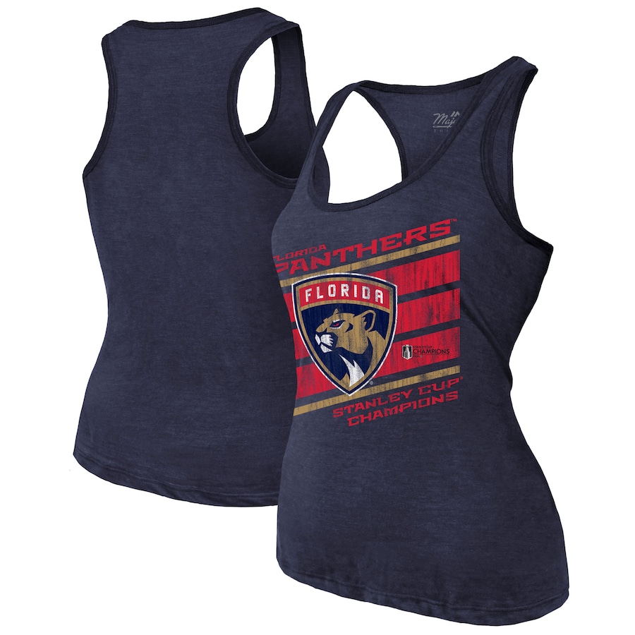 Women's Florida Panthers Majestic Threads Navy 2024 Stanley Cup Champions Tri-Blend Racerback Tank Top