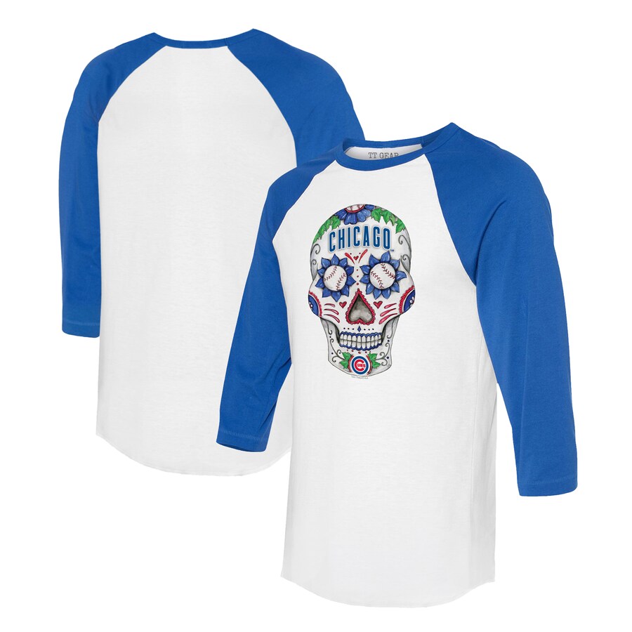 Unisex Chicago Cubs Tiny Turnip White/Royal Sugar Skull 3/4-Sleeve Raglan T-Shirt