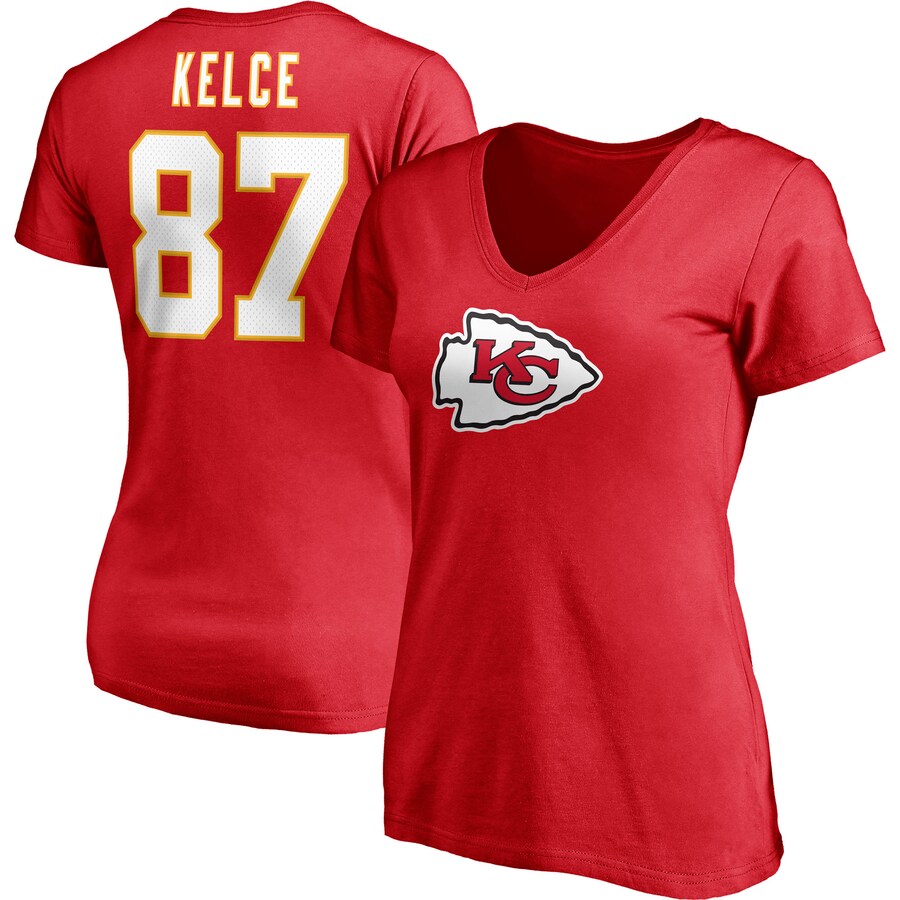 Women's Kansas City Chiefs Travis Kelce Fanatics Red Player Icon Name & Number V-Neck T-Shirt