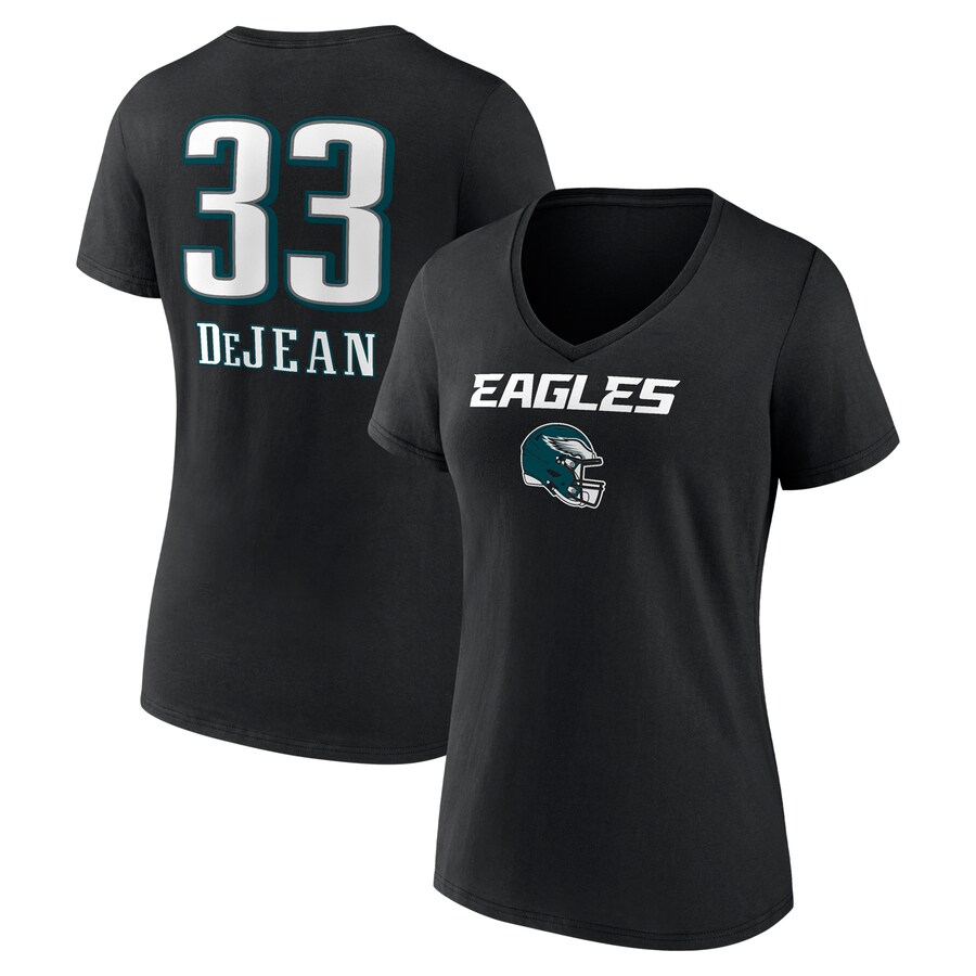 Women's  Philadelphia Eagles Cooper DeJean Black Team Wordmark Name & Number V-Neck T-Shirt