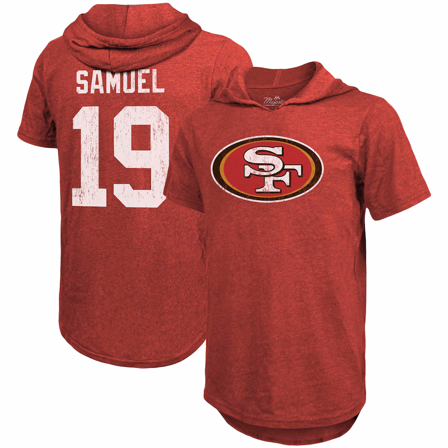 Men's San Francisco 49ers Deebo Samuel Majestic Threads Scarlet Player Name & Number Tri-Blend Slim Fit Hoodie T-Shirt