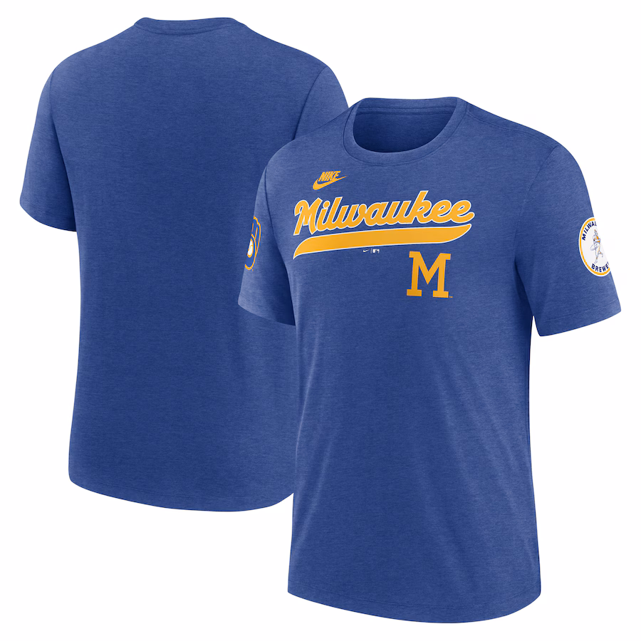 Men's Milwaukee Brewers Nike Heather Royal Cooperstown Collection Eras Tri-Blend T-Shirt