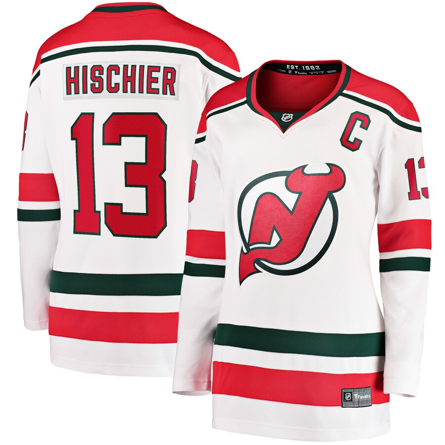 Women's New Jersey Devils Nico Hischier Fanatics Branded White 2022/23 Heritage Premier Breakaway Jersey