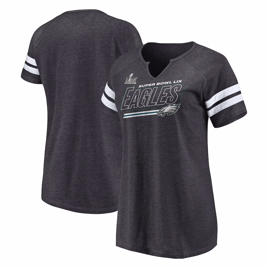 Women's Philadelphia Eagles Fanatics Heather Charcoal Super Bowl LIX Cheer Section Tri-Blend Notch Neck T-Shirt