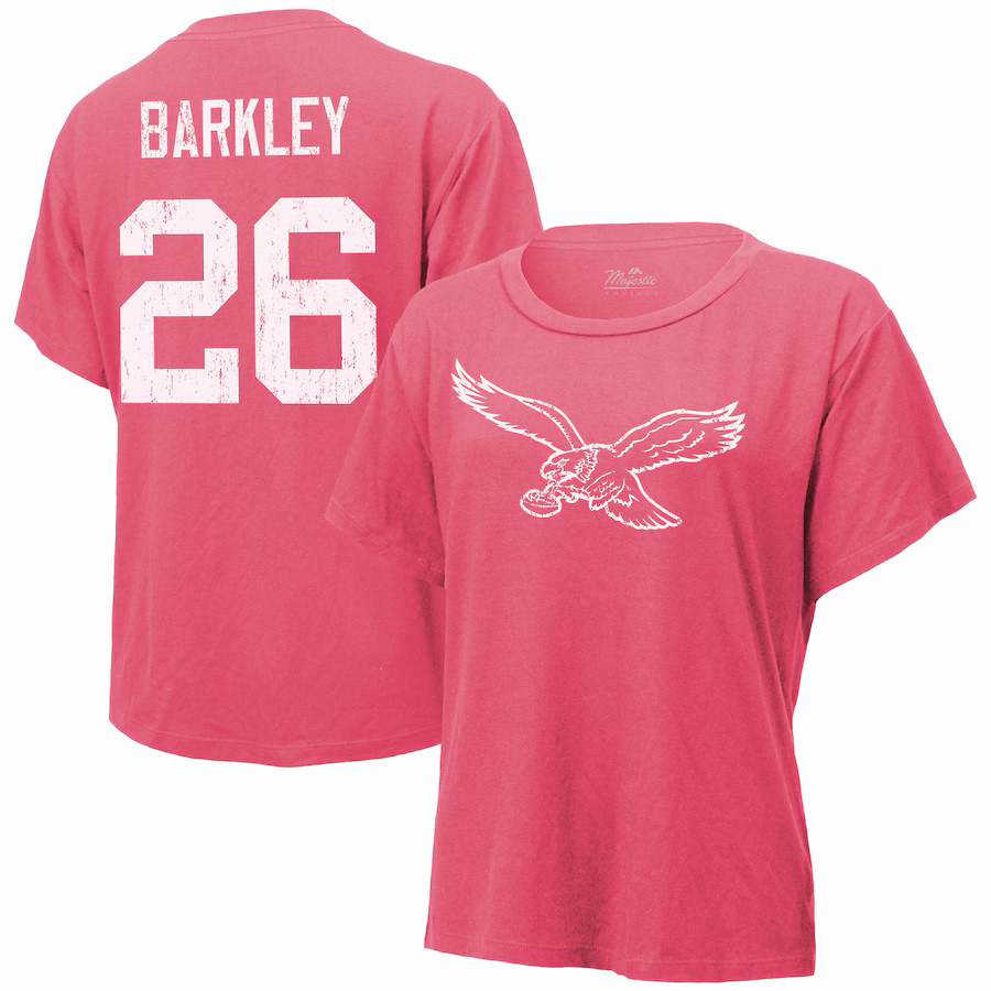 Women's Philadelphia Eagles Saquon Barkley Majestic Threads Pink Name & Number T-Shirt