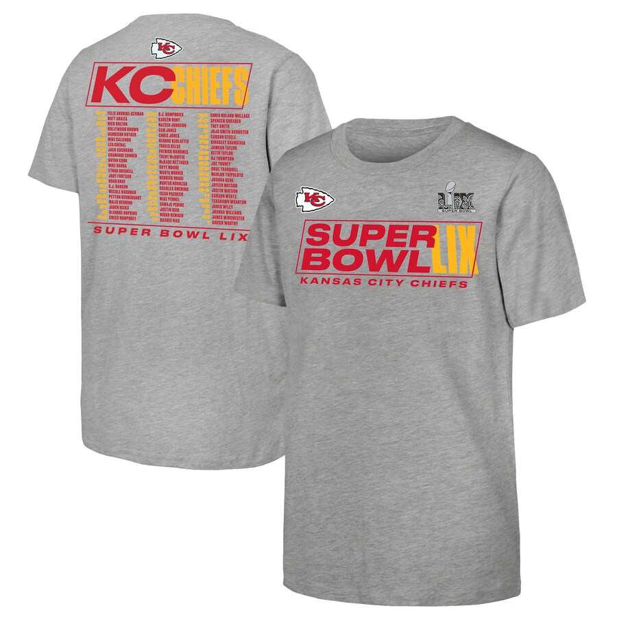 Youth Kansas City Chiefs Fanatics Heather Gray Super Bowl LIX Roster T-Shirt