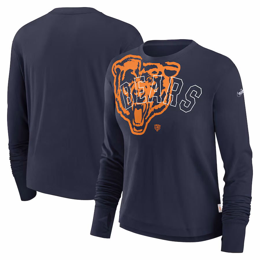 Women's Chicago Bears Nike Navy Layered Logo Cropped Long Sleeve Fashion T-Shirt