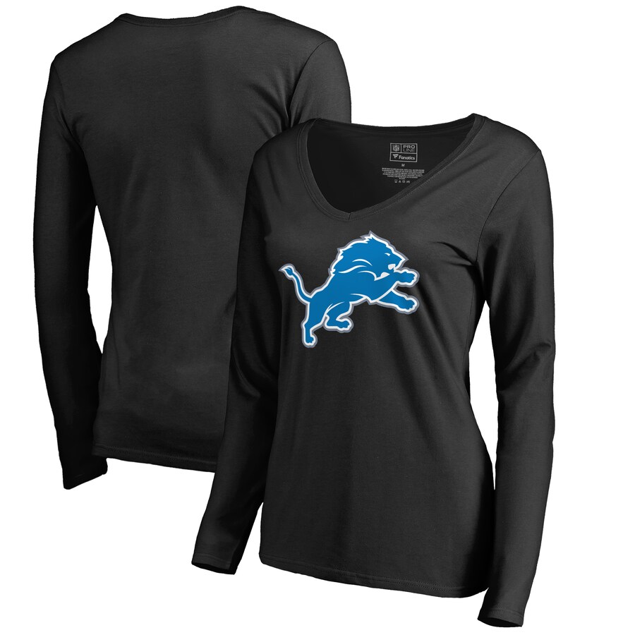Women's Detroit Lions Black Primary Logo 2 V-Neck Long Sleeve T-Shirt