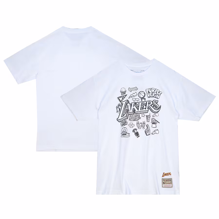 Men's Los Angeles Lakers  Mitchell & Ness White Hardwood Classics Doodle T-Shirt
