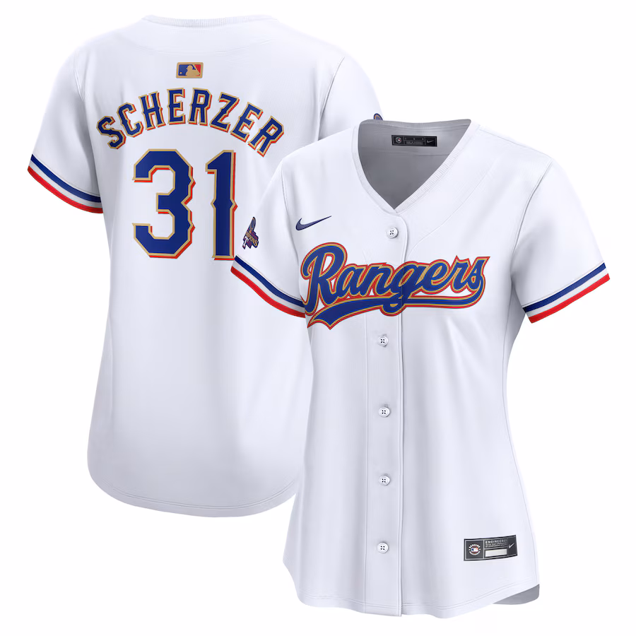 Women's Texas Rangers Max Scherzer Nike White 2024 Gold Collection Limited Player Jersey