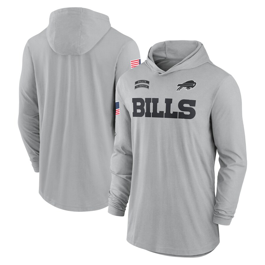 Men's Buffalo Bills Nike Gray 2024 Salute to Service Lightweight Performance Long Sleeve Hooded T-Shirt