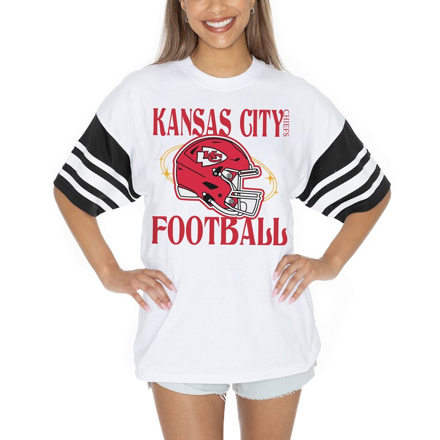 Women's Kansas City Chiefs Gameday Couture White Vintage Look Contrast Mesh Striped Raglan T-Shirt