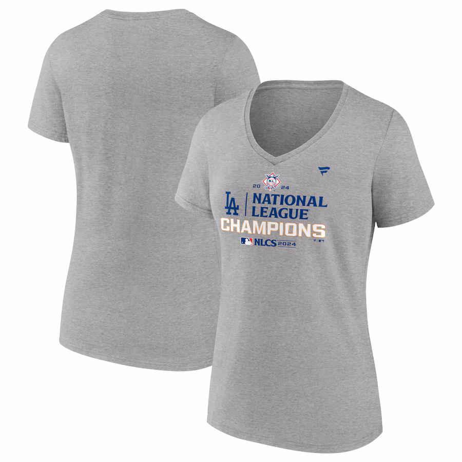Women's Los Angeles Dodgers Fanatics Heather Gray 2024 National League Champions Locker Room V-Neck T-Shirt