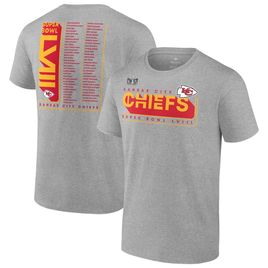 Men's Kansas City Chiefs Fanatics Heather Gray Super Bowl LVIII Team Members Roster T-Shirt