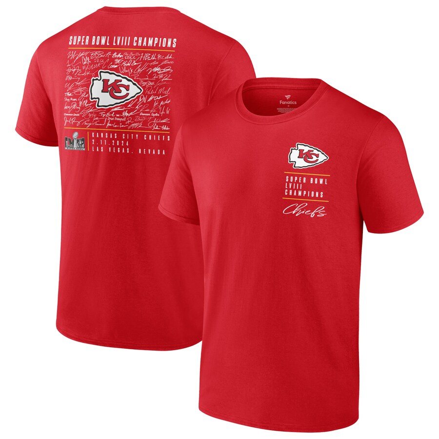 Men's Kansas City Chiefs Fanatics Red Super Bowl LVIII Champions Roster Autograph Signing T-Shirt