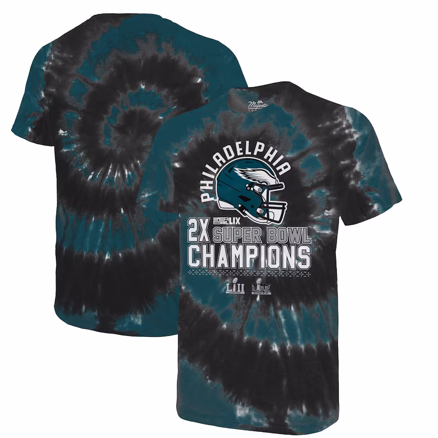 Men's Philadelphia Eagles Majestic Threads Midnight Green/Black Two-Time Super Bowl Champions Hard Count Spiral Tie-Dye T-Shirt