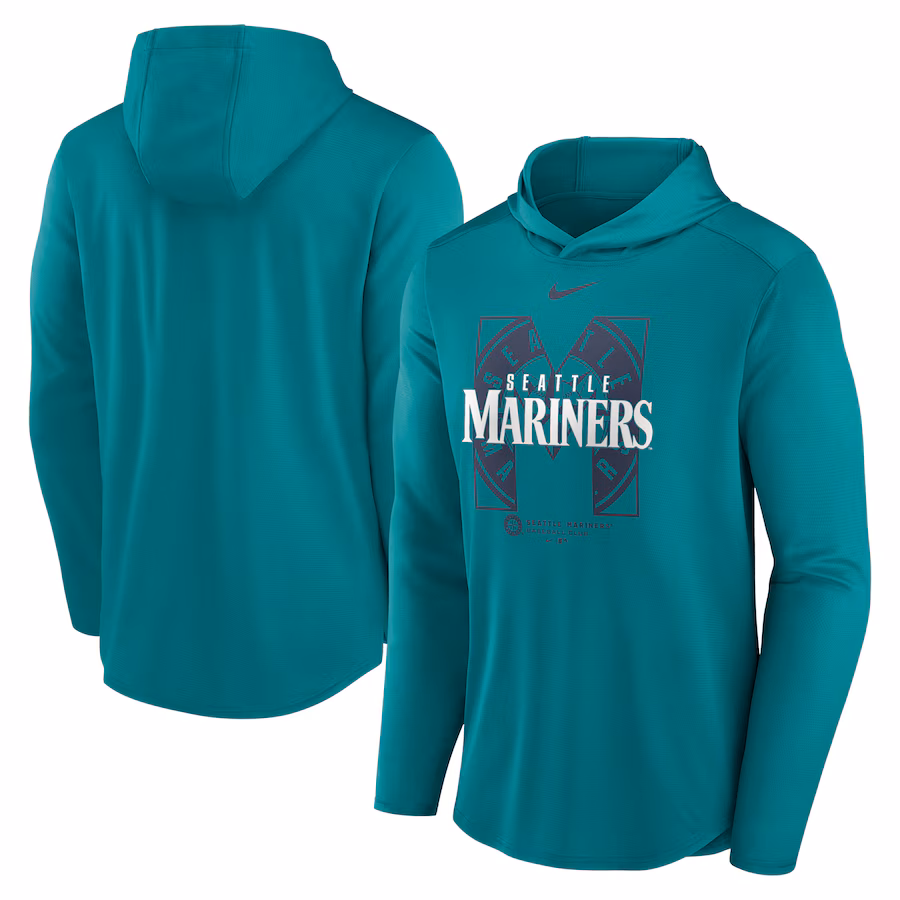 Men's Seattle Mariners Nike Aqua Team Letterman Performance Hooded Long Sleeve T-Shirt