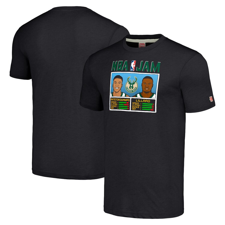 Men's Milwaukee Bucks Damian Lillard & Giannis Antetokounmpo Homage Charcoal NBA Jam Tri-Blend T-Shirt