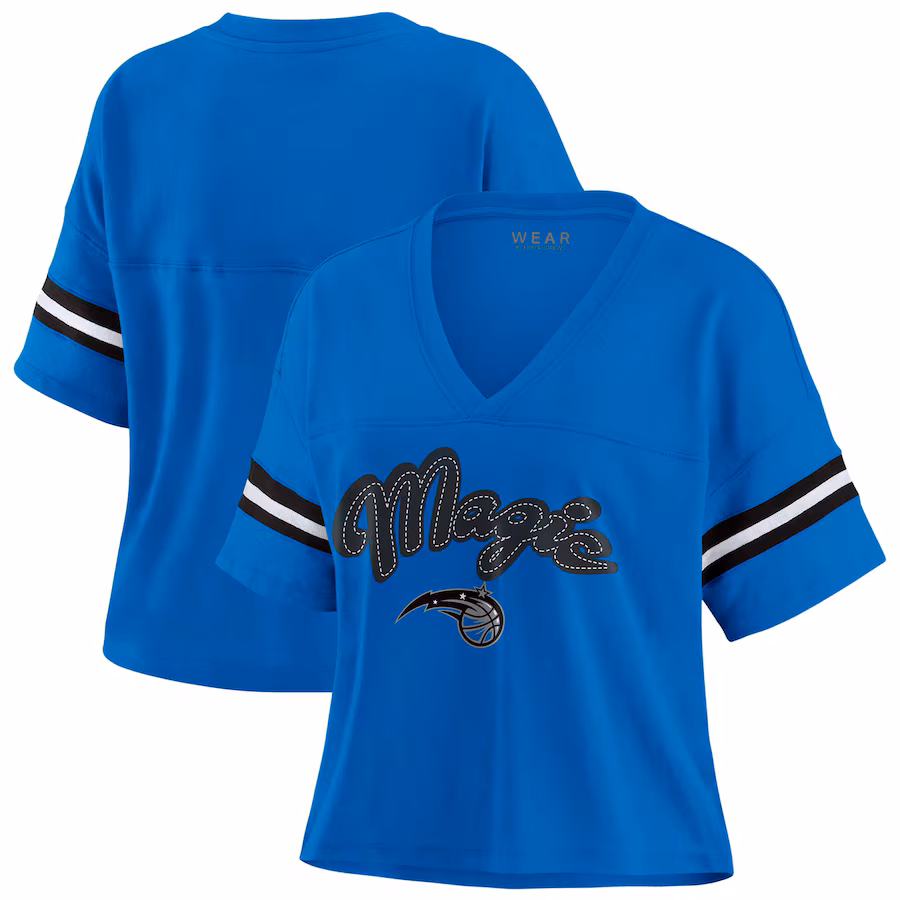 Women's Orlando Magic WEAR by Erin Andrews Blue Color Block Boxy V-Neck T-Shirt