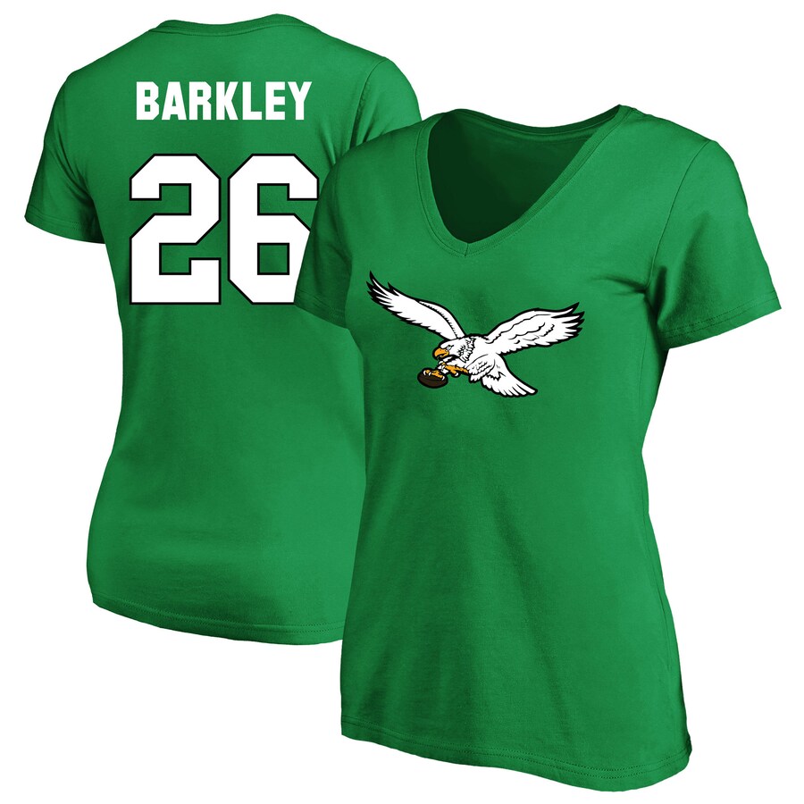 Women's Philadelphia Eagles Saquon Barkley Kelly Green Plus Size Fair Catch Name & Number Scoop Neck T-Shirt