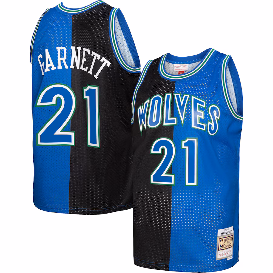 Men's Minnesota Timberwolves Kevin Garnett Mitchell & Ness Black/Blue Hardwood Classics 1995/96 Split Swingman Jersey