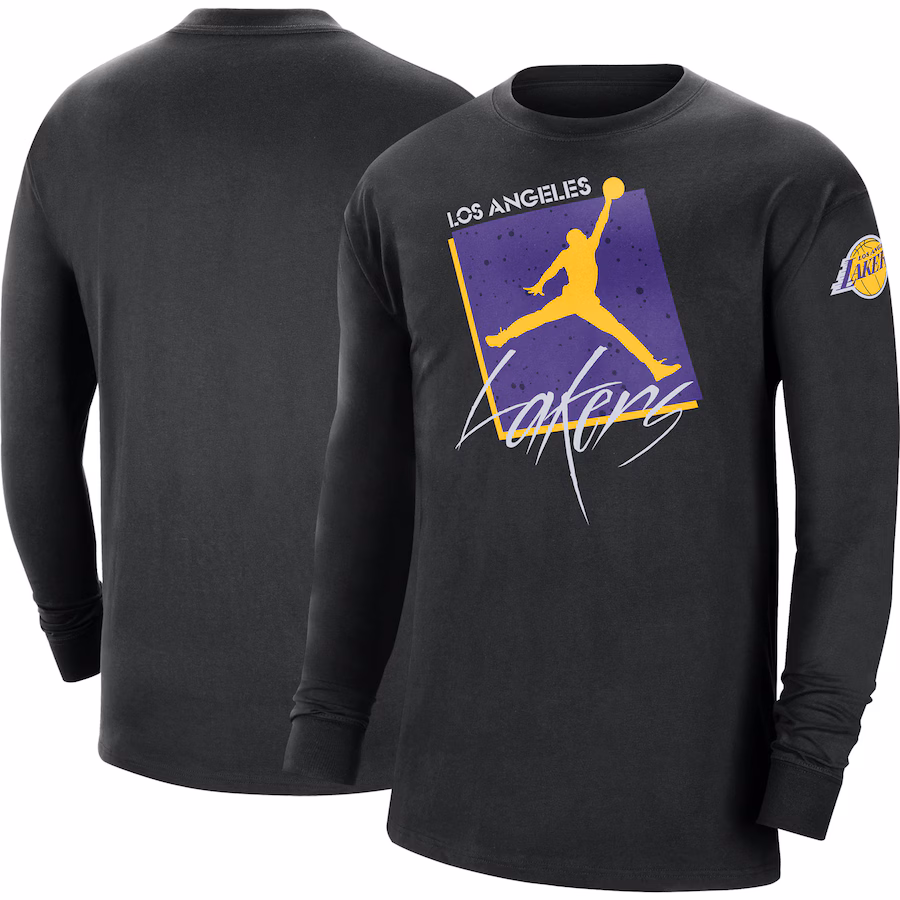 Men's Los Angeles Lakers Jordan Brand Black Courtside Max 90 Vintage Wash Statement Edition Long Sleeve T-Shirt