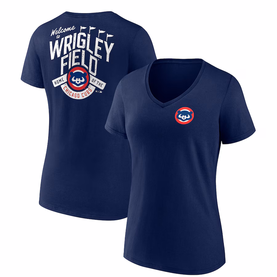 Women's Chicago Cubs Navy Hometown Collection Wrigley V-Neck T-Shirt