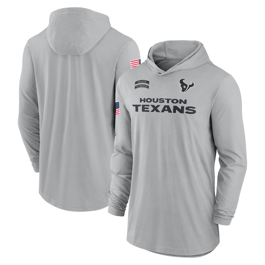 Men's Houston Texans Nike Gray 2024 Salute to Service Lightweight Performance Long Sleeve Hooded T-Shirt