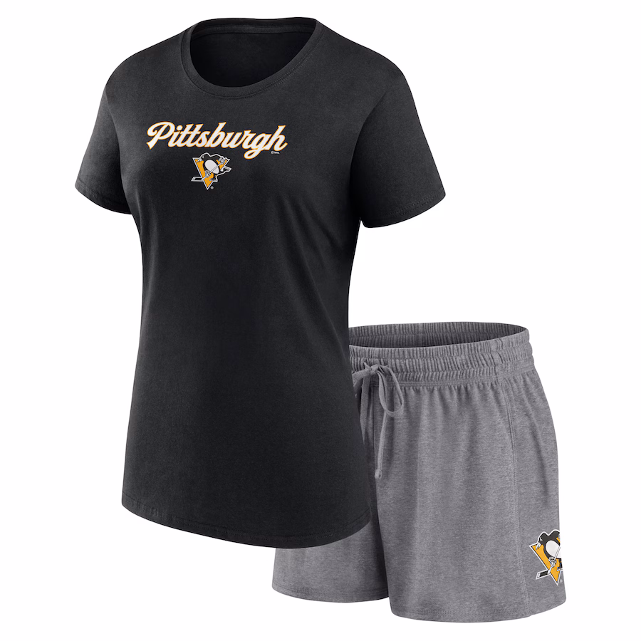 Women's Pittsburgh Penguins Fanatics Black/Gray Script T-Shirt & Shorts Set