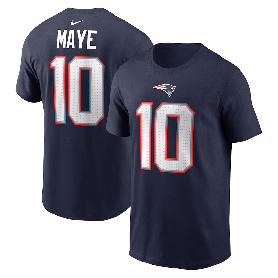 Men's New England Patriots Drake Maye Nike Navy 2024 NFL Draft First Round Pick Name & Number T-Shirt