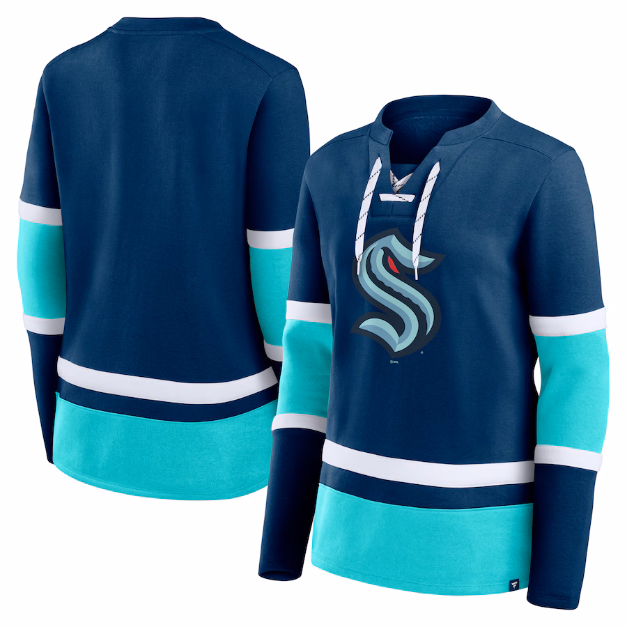 Women's Seattle Kraken Fanatics Deep Sea Blue Prime Time Lace-Up Long Sleeve T-Shirt