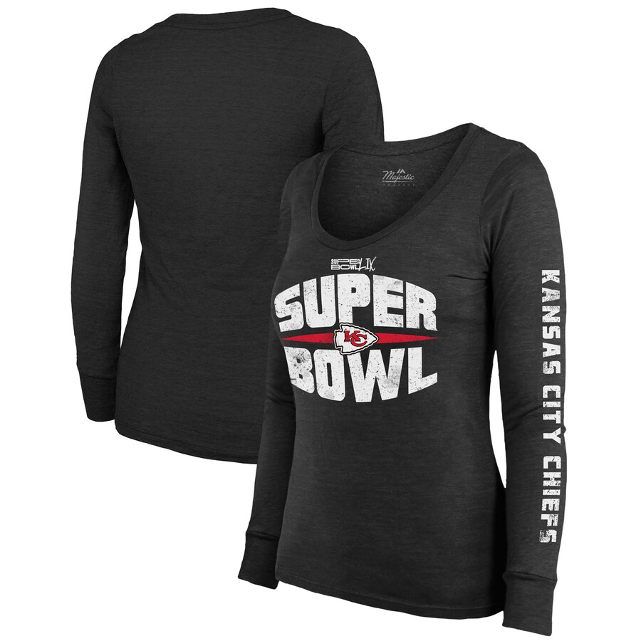 Women's Kansas City Chiefs Majestic Threads Black Super Bowl LIX Franklin Tri-Blend Long Sleeve Scoop Neck T-Shirt