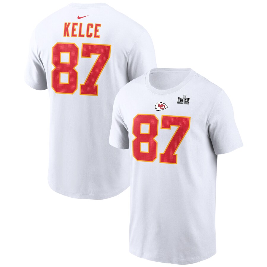 Men's Kansas City Chiefs Travis Kelce Nike White Super Bowl LVIII Patch Player Name & Number T-Shirt