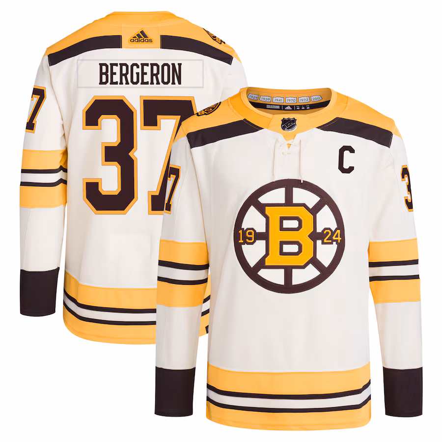 Men's Boston Bruins Patrice Bergeron adidas Cream Alternate Primegreen Authentic Player Jersey