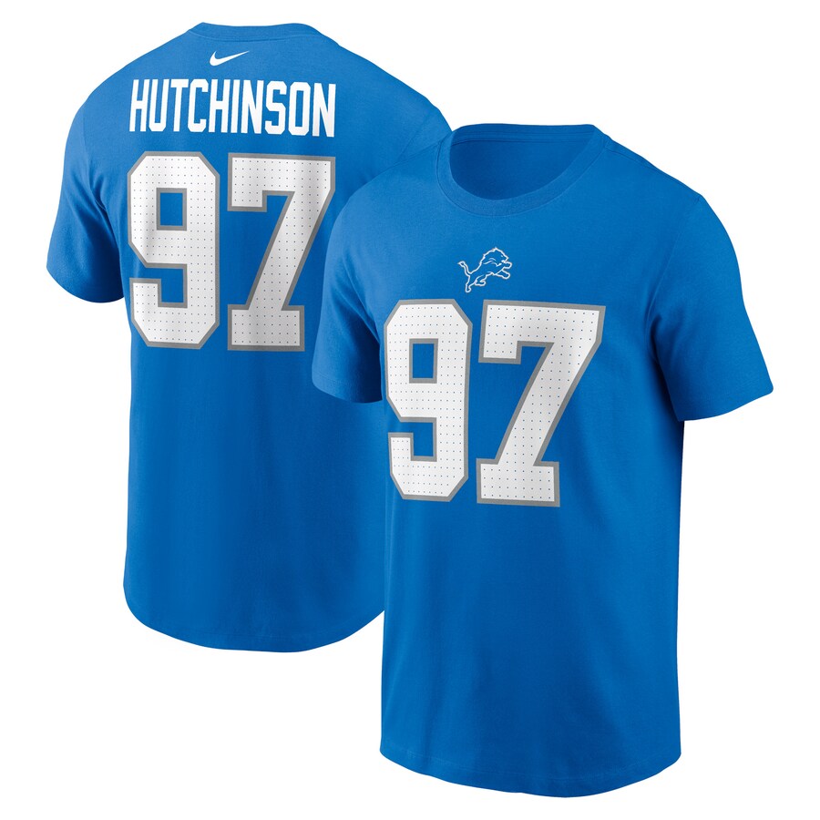 Men's Detroit Lions Aidan Hutchinson Nike Blue Name & Number T-Shirt