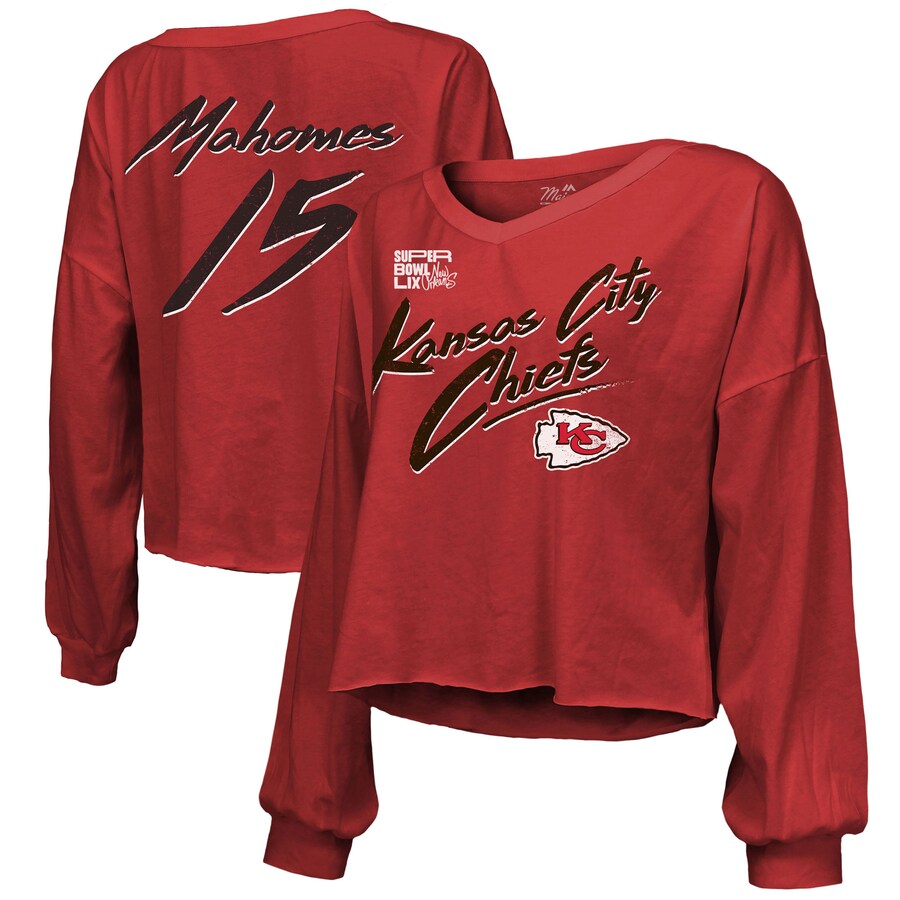 Women's Kansas City Chiefs Patrick Mahomes Majestic Threads Red Super Bowl LIX Name & Number Off-Shoulder Script Long Sleeve V-Neck T-Shirt