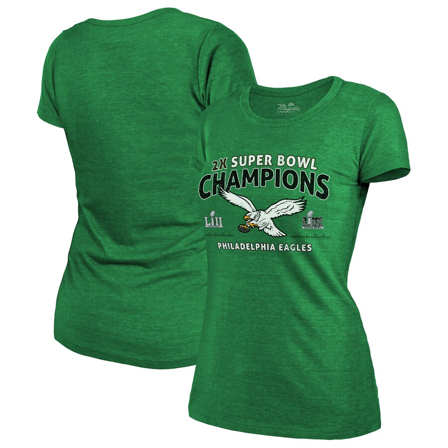 Women's Philadelphia Eagles  Majestic Threads Kelly Green Two-Time Super Bowl Champions Sky High Retro Tri-Blend T-Shirt