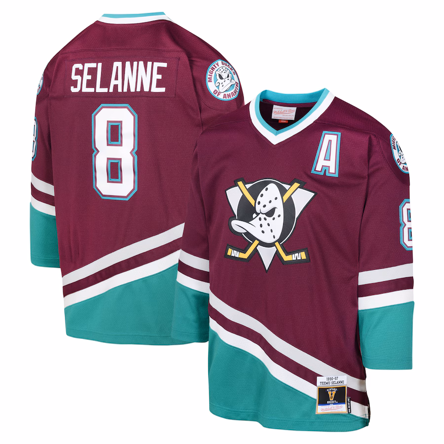 Youth Anaheim Ducks Teemu Selanne Mitchell & Ness Maroon 1996 Blue Line Player Jersey