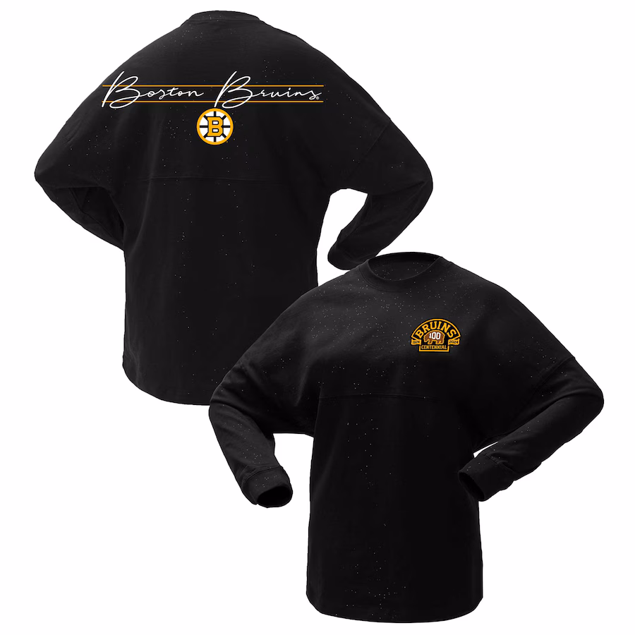 Women's Boston Bruins Fanatics Black 100th Anniversary Sparkle Spirit Jersey T-Shirt