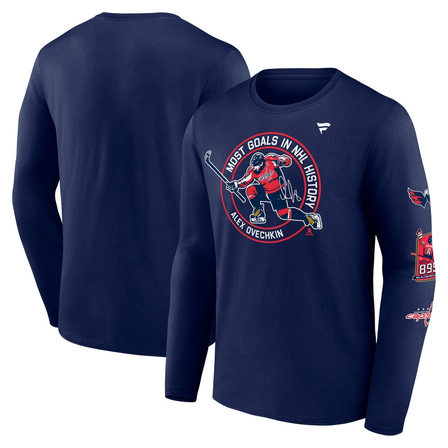 Men's Washington Capitals Alexander Ovechkin Fanatics Athletic Navy NHL All-Time Leading Goal Scorer Badges Long Sleeve T-Shirt