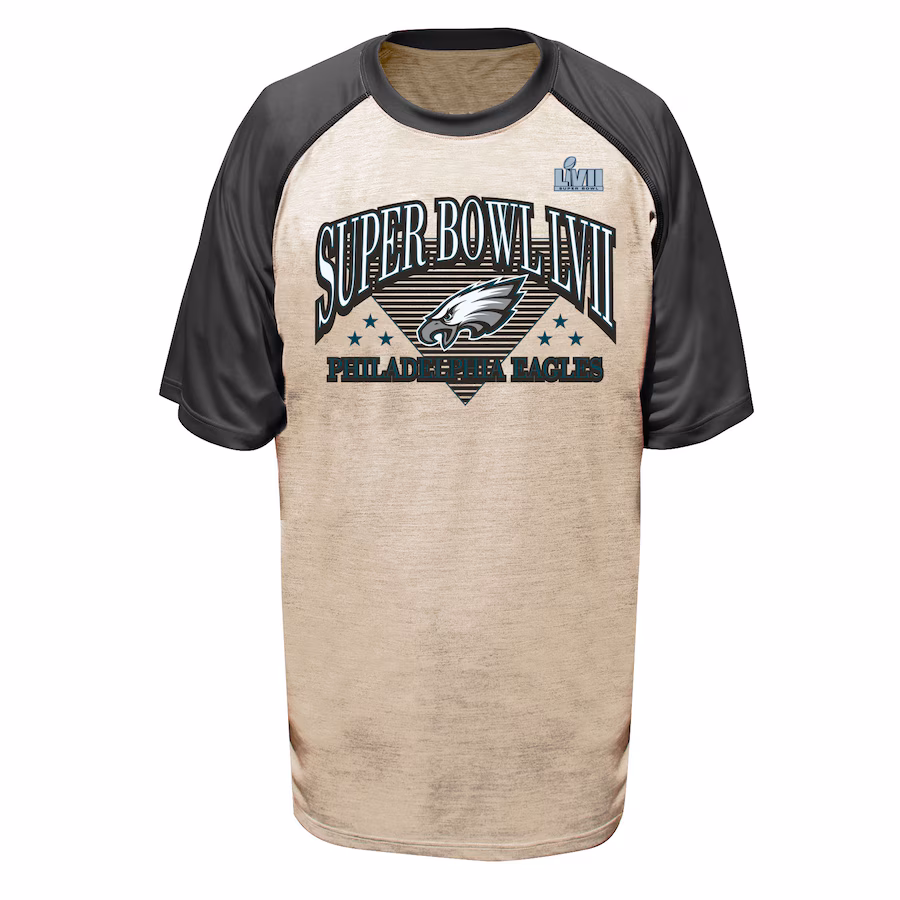 Men's Philadelphia Eagles Fanatics Oatmeal/Heather Charcoal Super Bowl LVII Triangle Strategy Raglan Big & Tall T-Shirt