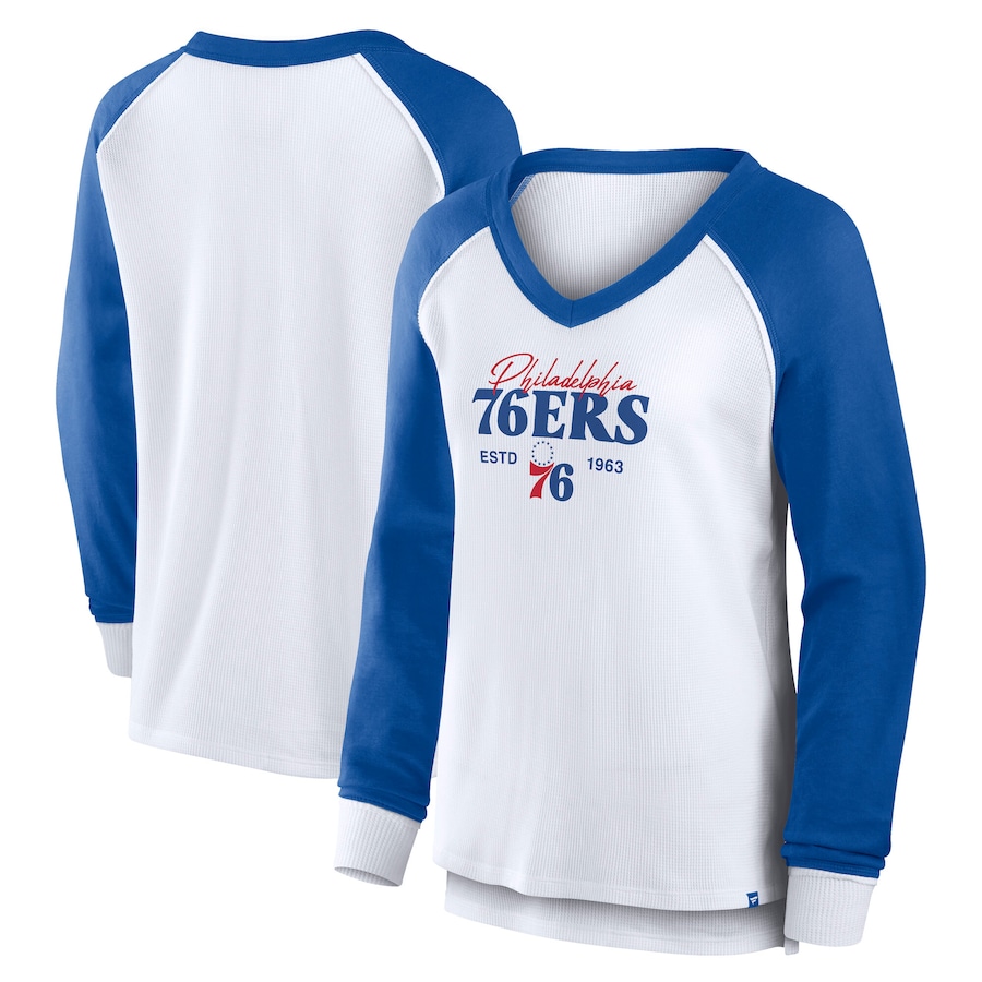 Women's Philadelphia 76ers Fanatics White Open Lane Waffle Long Sleeve V-Neck T-Shirt